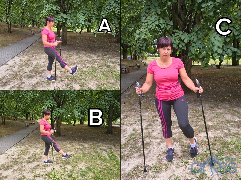Fot. 1 to kolaż trzech zdjęć. Na wszystkich kobieta wykonuje ćwiczenia w parku, stojąc na trawie. Do asekuracji używa dwóch kijków Nordic Walking. Zdjęcie A i B (Zgięcie i prostowanie stopy) Zdjęcie A: Noga prawa jest uniesiona wyżej w przód, a stopa znajduje się w zgięciu grzbietowym – palce stopy są zadarte mocno w górę („na siebie”). Zdjęcie B: Zdjęcie różni się jedynie ustawieniem stopy, która teraz znajduje się w zgięciu podeszwowym – palce są wyciągnięte w dół („od siebie”). Zdjęcie C Kobieta w pozycji stojącej, asekuracja kijami NW, ma ustawioną stopę lewą na palcach i wykonuje ruch krążenia coś na wzór robienia dziury w ziemi.