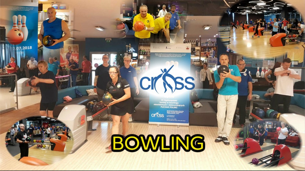 Kolaż zdjęć z rozgrywek bowlingowych Stowarzyszenia CROSS
