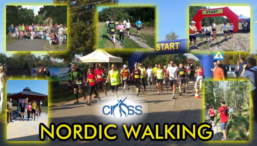 Kolaż zdjęć z zawodów nordic walking Stowarzyszenia CROSS