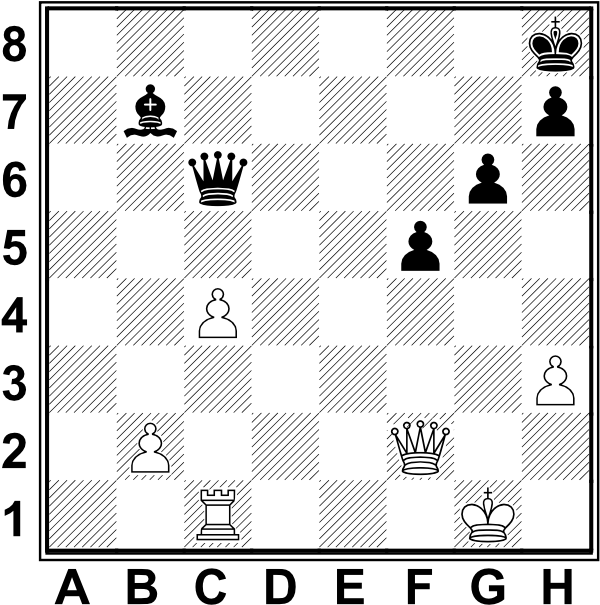 Białe: Kg1, Hf2, Wc1, b2, c4, h3 zarne: Kh8, Hc6, Gb7, f5, g6, h7
