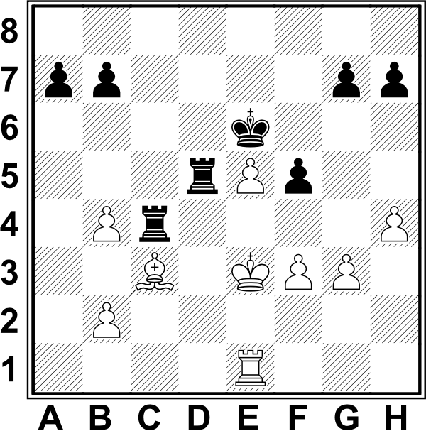 Białe: Ke3, We1, Gc3, b2, b4, e5, f3, g3, h4. Czarne: Ke6, Wc4, Wd5, a7, b7, f5, g7, h7