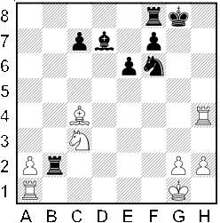 Białe: Kg1, Wa1, Wh4, Gc4, Sc3, a2, g2, h2. Czarne: Kg8, Wb2, Wf8, Gd7, Sf6, c7, e6, f7