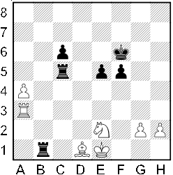Białe: Ke1, Wa3, Gd1, Se2, a4, g2, h2. Czarne: Kf6, Wb1, Wc5, c6, e5, f5