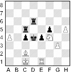 Białe: Kc1, We1, Gc2, Sf4, a4, g3, h5. Czarne: Kd4, Wc5, Wd6, c4, e4, f5