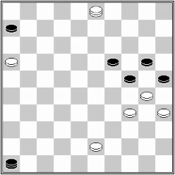 Białe: 43, 35, 34, 30, 21, damka 3 Czarne: 6, 19, 20, 24, 25, damka 46