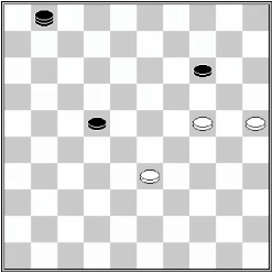 Białe: 33, 25, 24. Czarne: 14, 22, damka 1