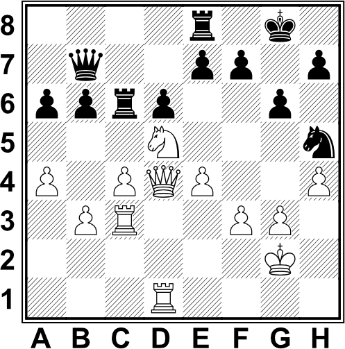 Białe: Kg2, Hd4, Wc3, Wd1, Sd5, a4, b3, c4, e4, f3, g3, h4: Kg7, Czarne: Hb7, Wc6, Wf8, Sh5, a6, b6, d6, e7, f7, g6, h7