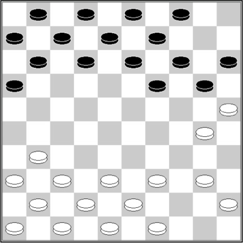 Białe: 49, 48, 47, 46, 45, 43, 42, 41, 40, 39, 38, 37, 36, 31, 30, 25 Czarne: 1, 2, 3, 4, 6, 7, 8, 9, 11, 12, 13, 14, 15, 16, 19, 20