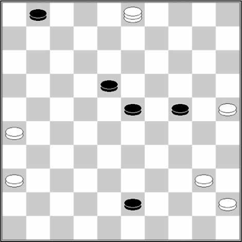 Białe: 45, 40, 36, 26, 25, damka 3 Czarne: 1, 18, 23, 24, 43