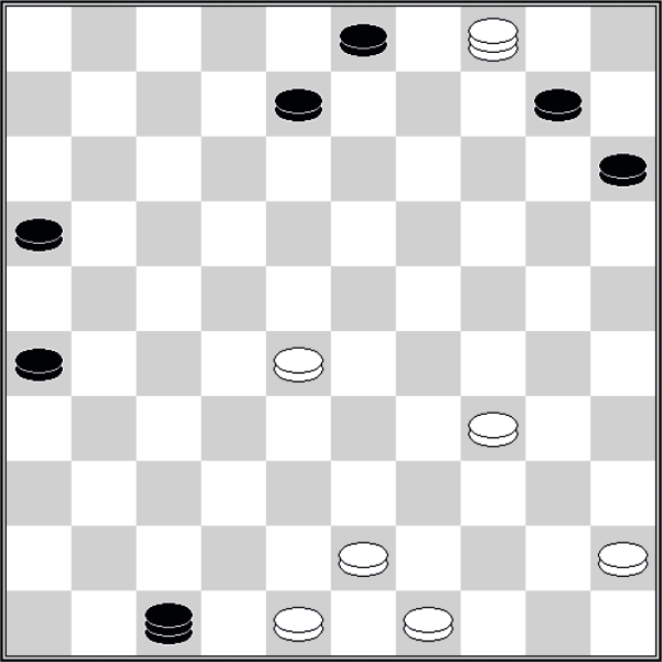 Białe: 49, 48, 45, 43, 34, 28, damka 4 Czarne: 3, 8, 10, 15, 16, 26, damka 47