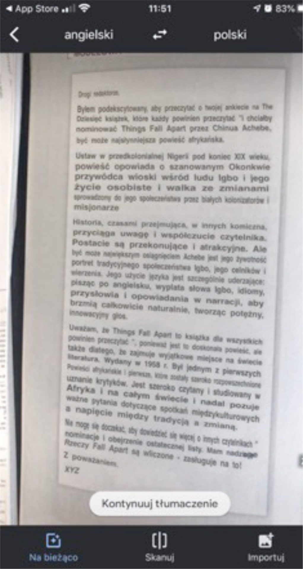 Zrzut ekranu aplikacji google translator wykorzystującej rozszerzoną rzeczywistość
