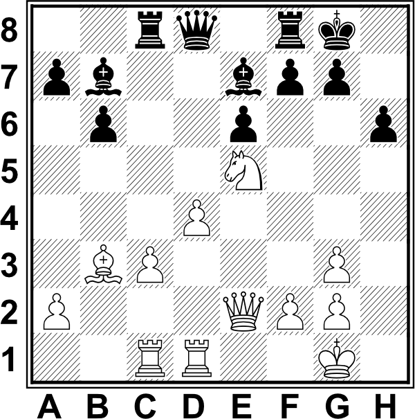 Białe: Kg1, He2, Wd1, We1, Gb3, Se5, a2, c3, d4, f2, g2, g3. Czarne: Kg8, Hd8, Wc8, Wf8 Gb7, Ge7, a7, b6, e6, f7, g7, h6