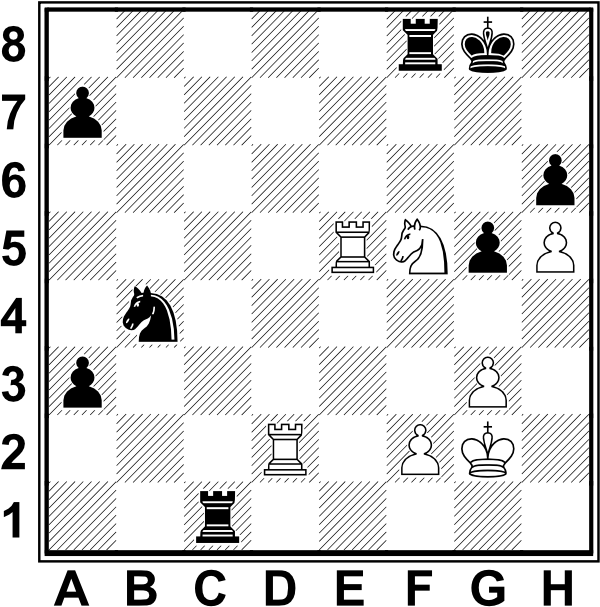 Białe: Kg2, Wd2, We5, Sf5, f2, g3, h5, Czarne: Kg8, Wc1, Wf8, Sb4, A7, A3, g5, H6