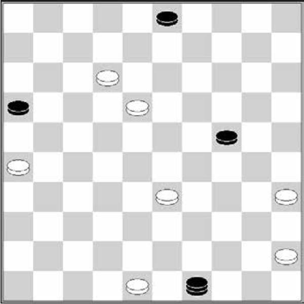 Białe: 48, 45, 35, 33, 26, 18, 12 Czarne: 3, 16, 24, damka 49