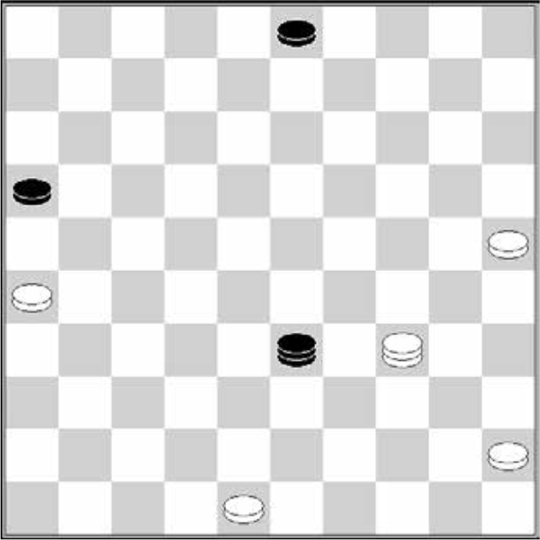 Białe: 48, 45, 26, 25, damka 34 Czarne: 3, 16, damka 33
