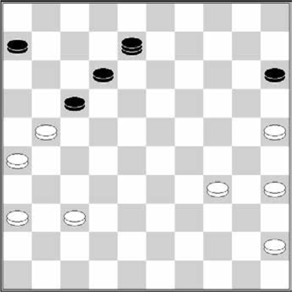 Białe: 45, 37, 36, 35, 34, 26, 25, 21 Czarne: 6, 12, 15, 17, damka 8