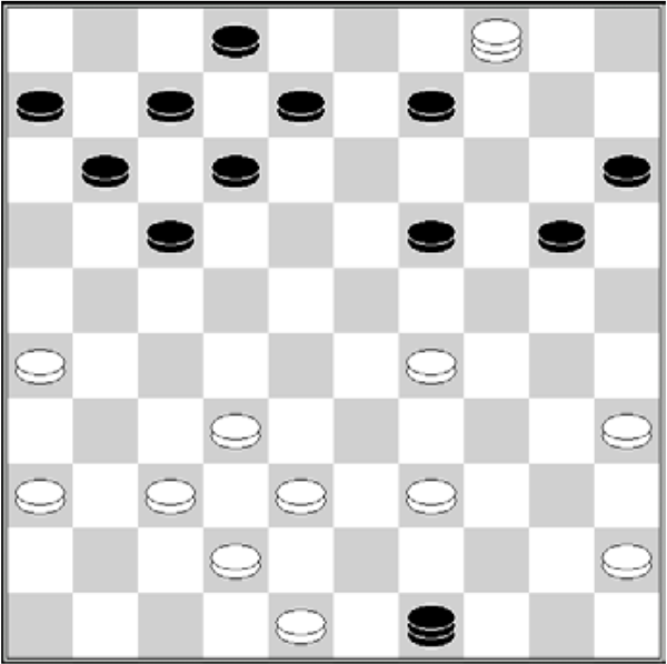 Białe: 48, 45, 42, 39, 38, 37, 36, 35, 32, 29, 26, damka 4 Czarne: 2, 6, 7, 8, 9, 11, 12, 15, 17, 19, 20, damka 49