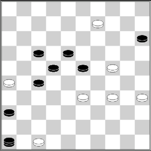Białe: 47, 35, 34, 33, 26, 24, 9 Czarne: 15, 17, 18, 22, 23, 27, 36, damka 46