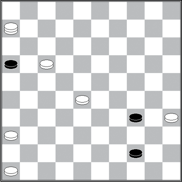Białe: 46, 36, 35, 28, 17, damka 6 Czarne: 16, 34, 44
