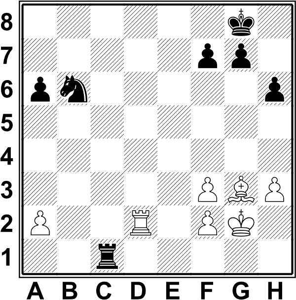 Białe: Kg1, Hd1, Wa1, Wf1, Gb2, Gd3, Sd5, Se2, a2, b3, c4, e4, f4, g3; Czarne: Kg8, Hh3, Wa8, Wf8, Sc6, Se5, Ge6, a7, b7, c7, d6, g4, h7