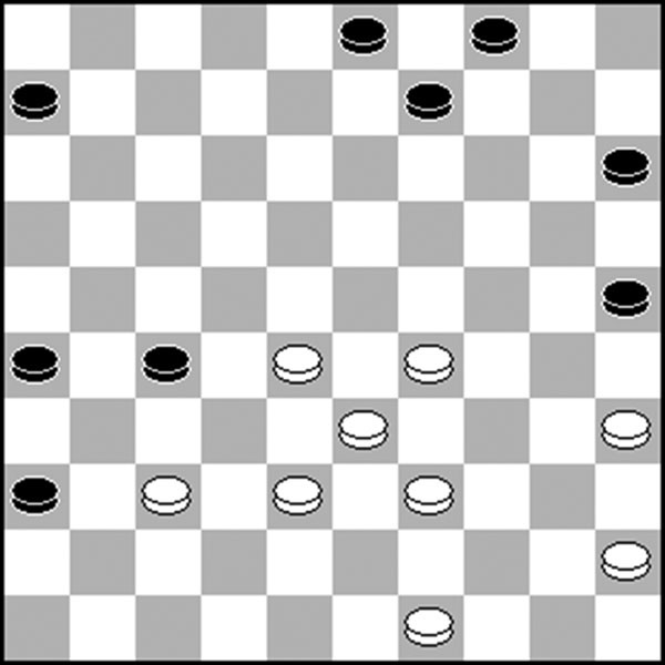 Białe: 40, 39, 38, 36, 34, 33, 30, 29, 22 Czarne: 2, 11, 14, 15, 20, 25, damka 26