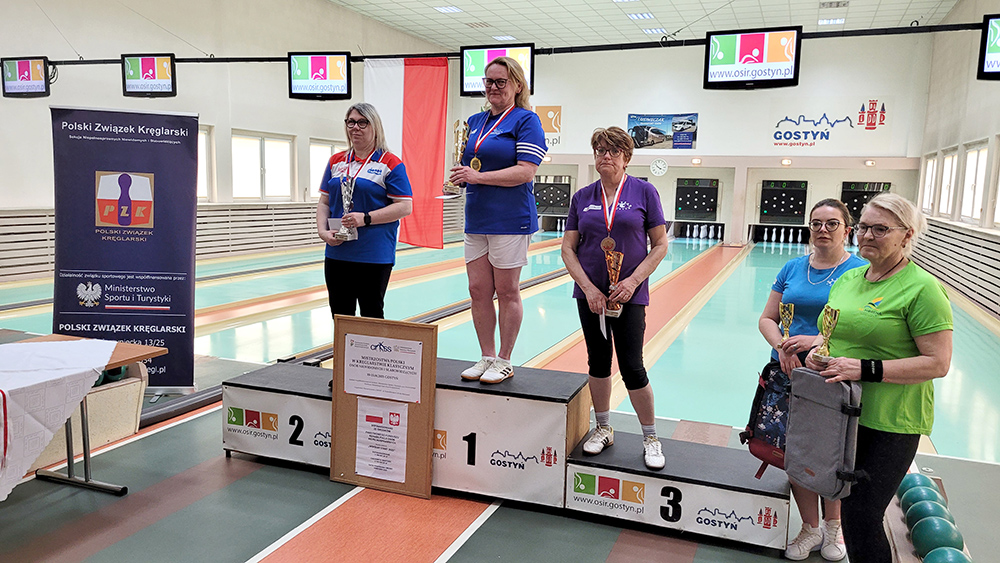 grupa osób z pucharami na podium