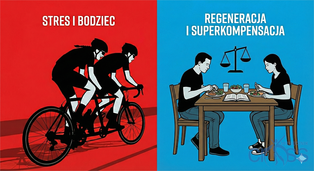 grafika przedstawia po lewej stronie na czerwonym tle dwie osoby na tandemie a po prawej na niebieskim tle dwie osoby siedzące przy stole